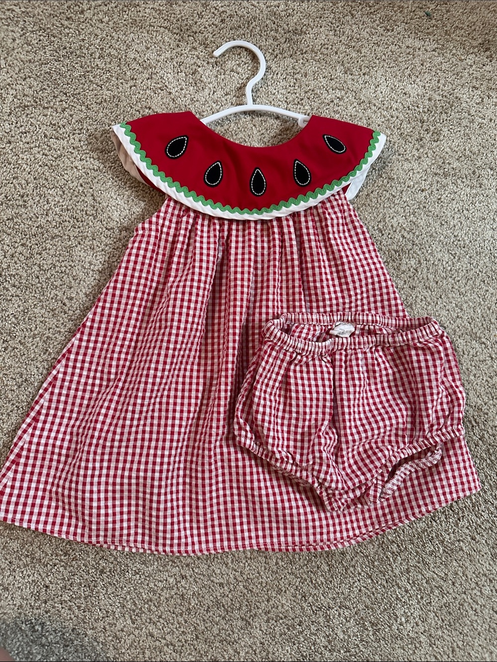 18M-Starting Out Red Gingham Watermelon Collar Dress with Bloomers